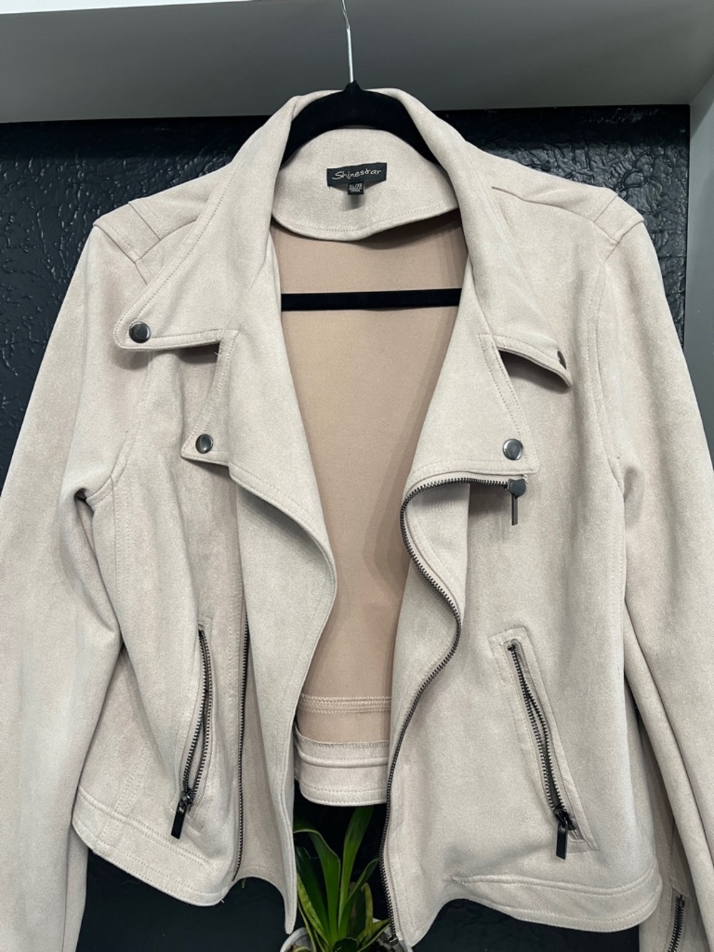 Shinestar Light Beige Suede-Style Moto Jacket XL